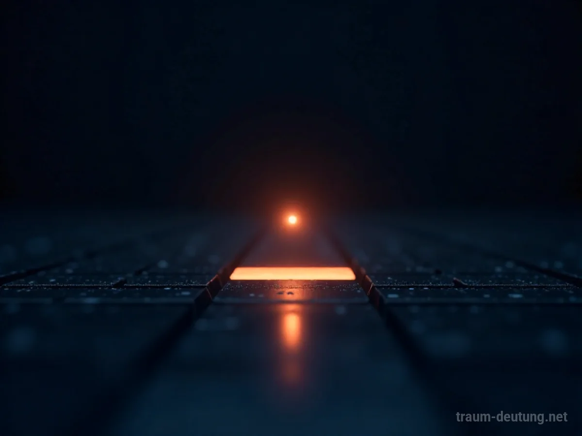 Traumsymbol Cursor: Ein leuchtender Cursor schwebt über einer dunklen, spiegelnden Oberfläche, umgeben von abstrakten Mustern im Nichts.