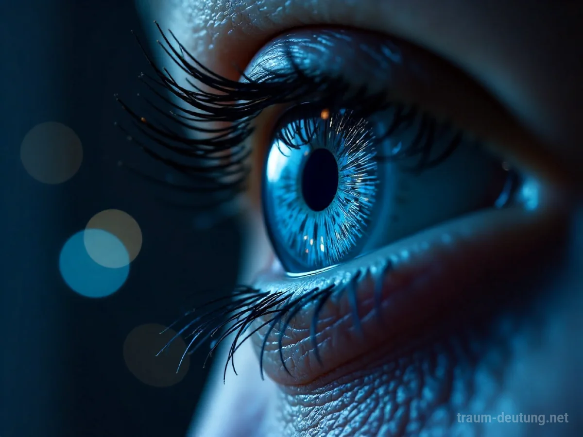Traumsymbol Cyber: Ein menschliches Auge spiegelt ein leuchtendes Schalplatenmuster in einer dunklen, digitalen Landschaft.