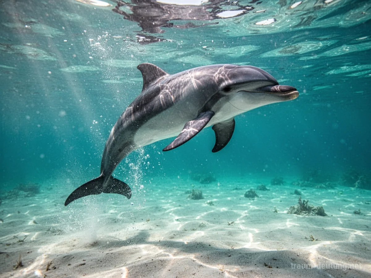 Traumsymbol Delfin: Ein intelligenter Delfin springt aus kristallklarem türkisfarbenem Wasser, Sonnenlicht bricht sich und beleuchtet den sandigen Meeresboden.