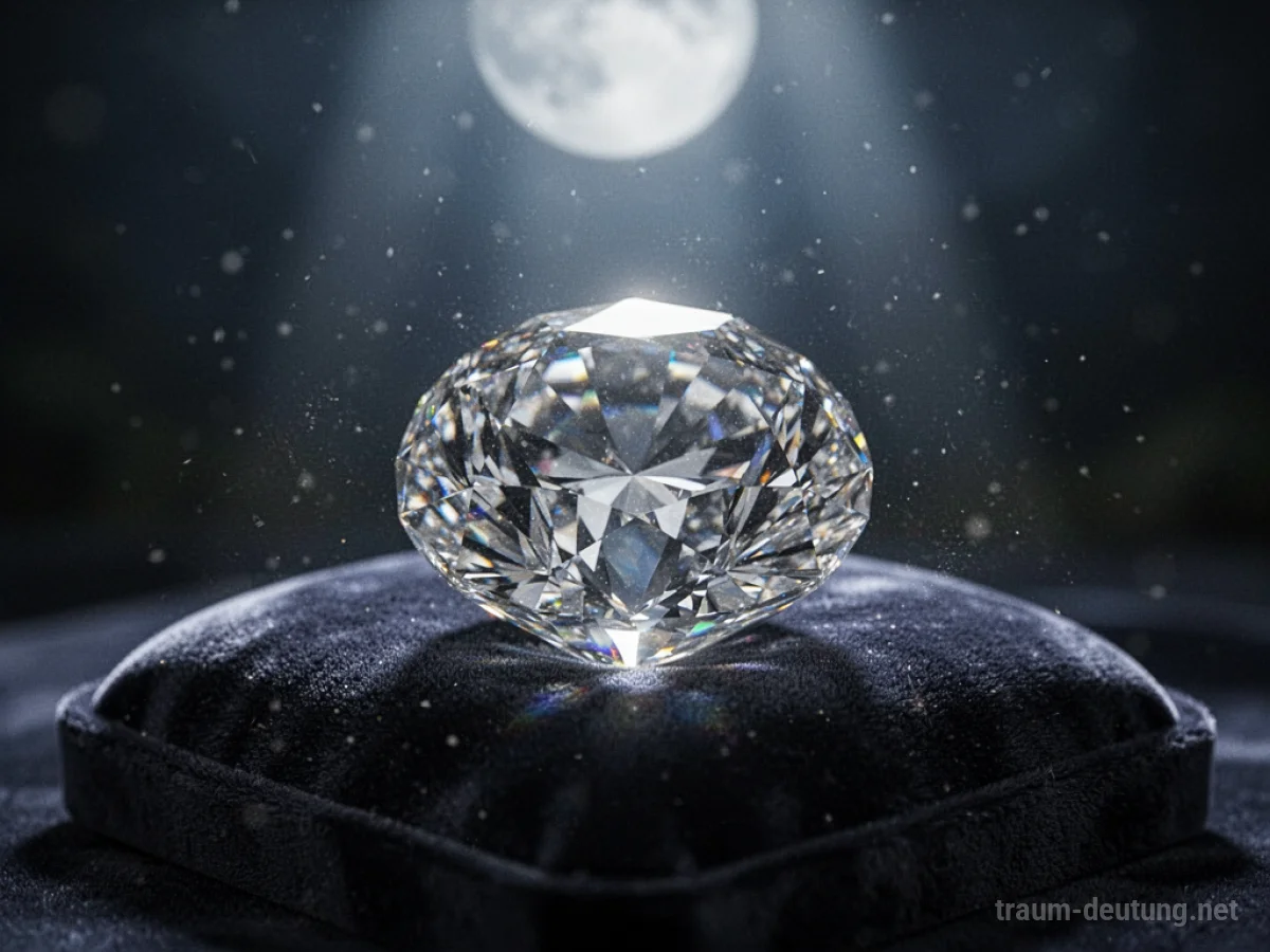 Traumsymbol Diamant: Ein großer, perfekt geschliffener Diamant liegt auf einem dunklen Samtkissen, beleuchtet von mystischem Mondlicht.