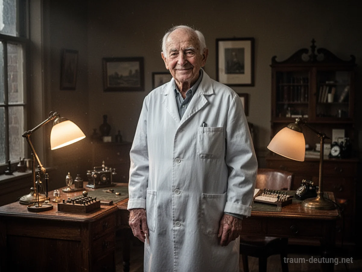 Traumdeutung Doktor: Ein älterer, freundlicher Arzt mit weißem Kittel steht in einem spärlich beleuchteten, historischen Arztzimmer.
