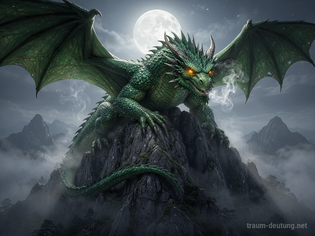 Traumsymbol Drache: Ein riesiger, smaragdgrüner Drache ruht auf einem nebelverhangenen Berggipfel im Mondlicht.