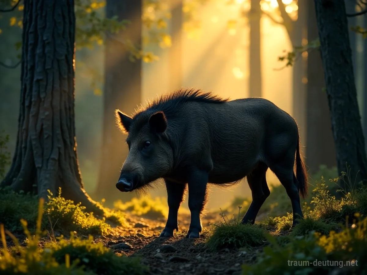 Traumsymbol Eber: Ein mächtiger Wild Eber steht in einem dichten Wald, beleuchtet von goldenen Sonnenstrahlen durch die Bäume.