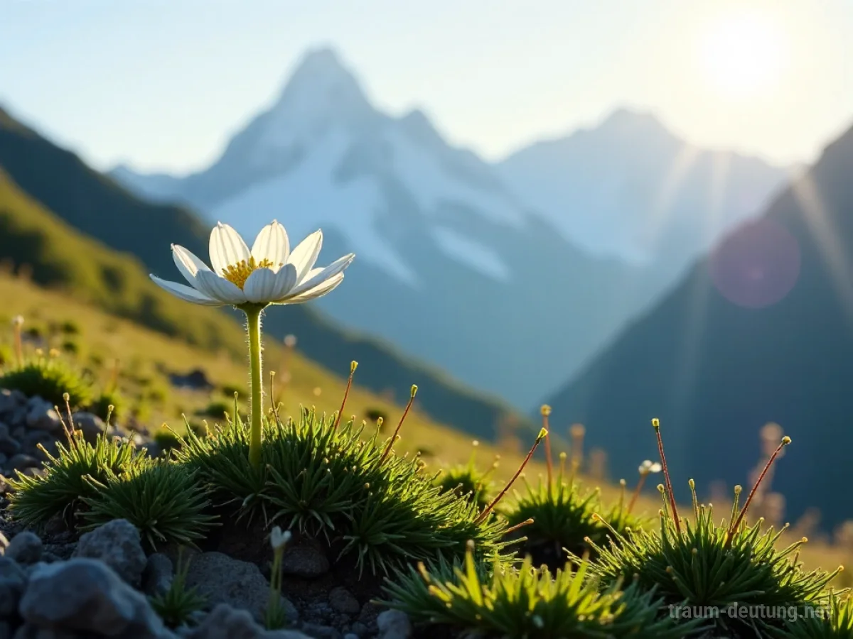 Traumsymbol Edelweiß: Eine einzelne, makellose Edelweißblume steht auf einer sonnenbeschienenen Alm, umgeben von majestätischen Bergen.