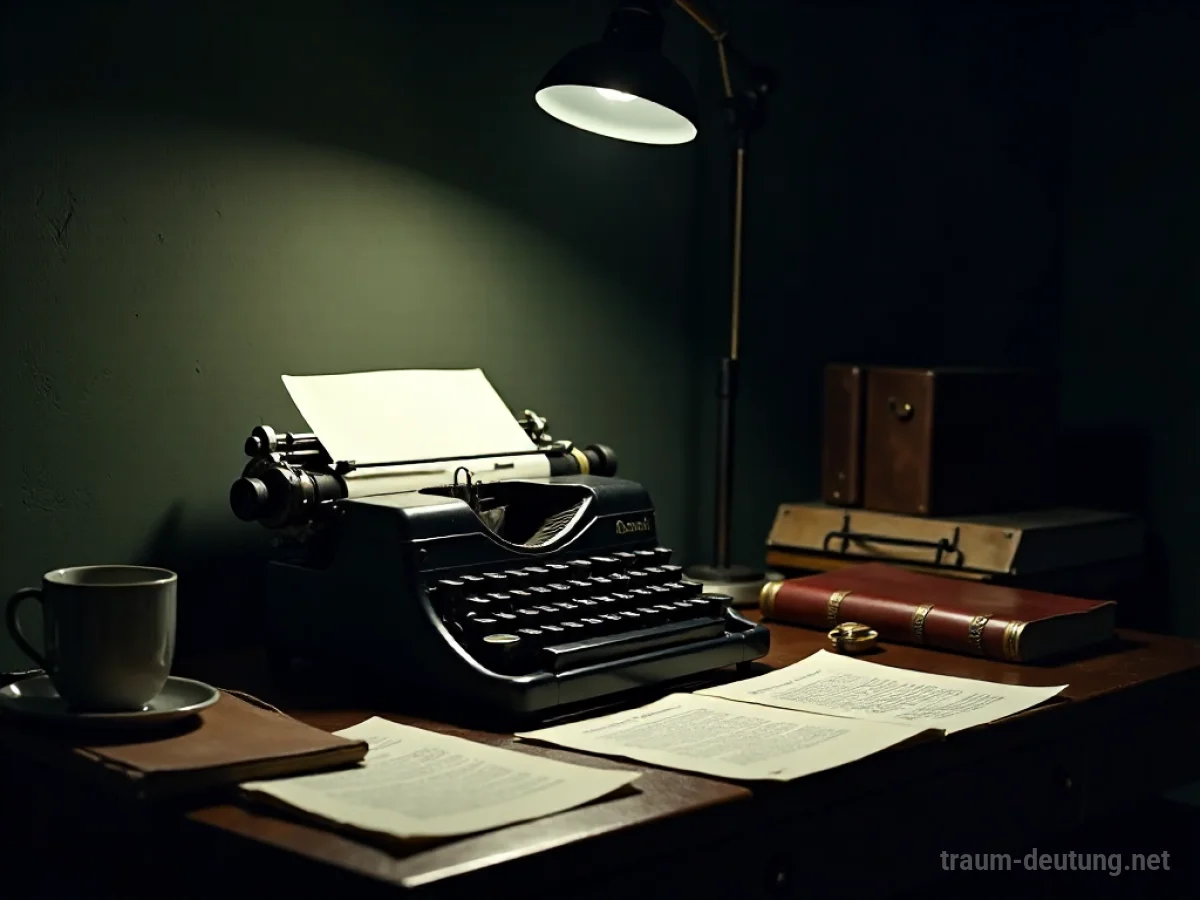 Traumdeutung Editor: Ein alter Schreibtisch mit einer Schreibmaschine, beleuchtet von einem einzelnen Scheinwerfer, umgeben von verstreuten Papieren und einer nachdenklichen Atmosphäre.