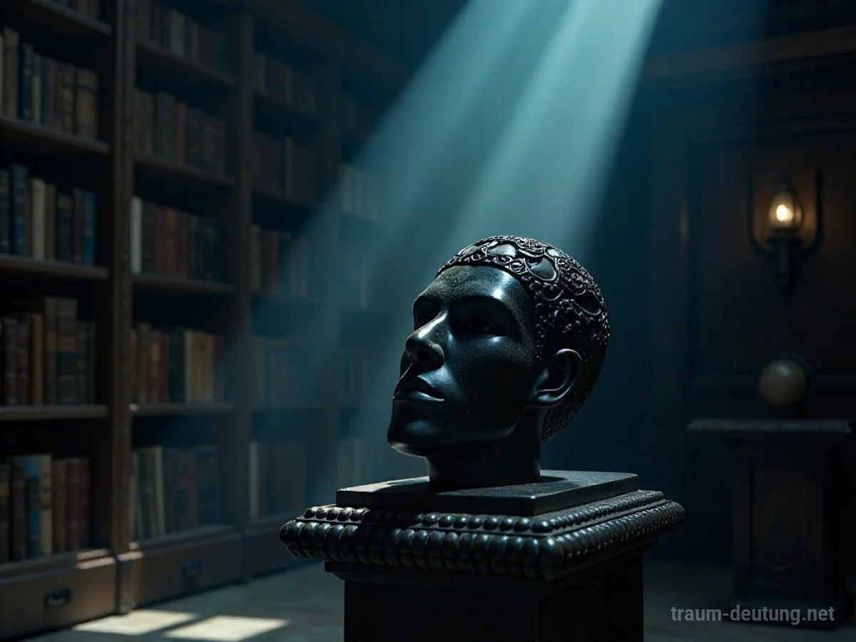 Traumdeutung Ego: Eine kunstvoll geschnitzte Obsidianmaske liegt auf einem Podest in einer staubigen, mondbeschienenen Bibliothek.