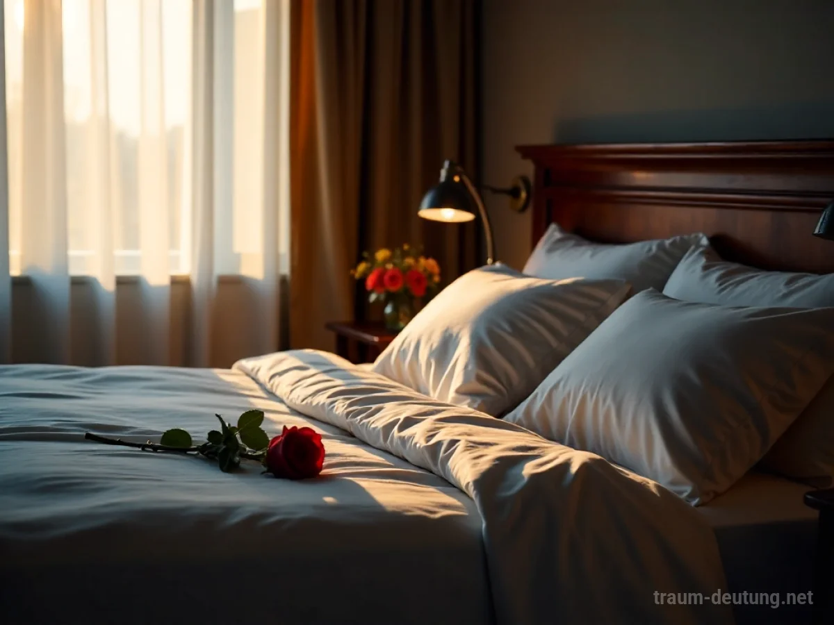 Traumsymbol Ehebett: Ein luxuriöses Bett mit weißen Laken im sanften Mondlicht, das Intimität und Partnerschaft symbolisiert.