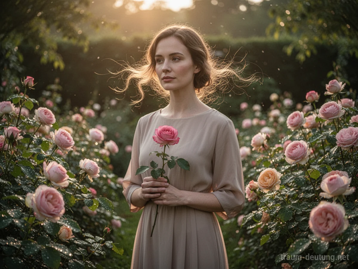 Traumsymbol Ehefrau: Eine Frau steht in einem sonnenbeschienenen Garten, umgeben von Rosen, mit nachdenklichem Ausdruck.
