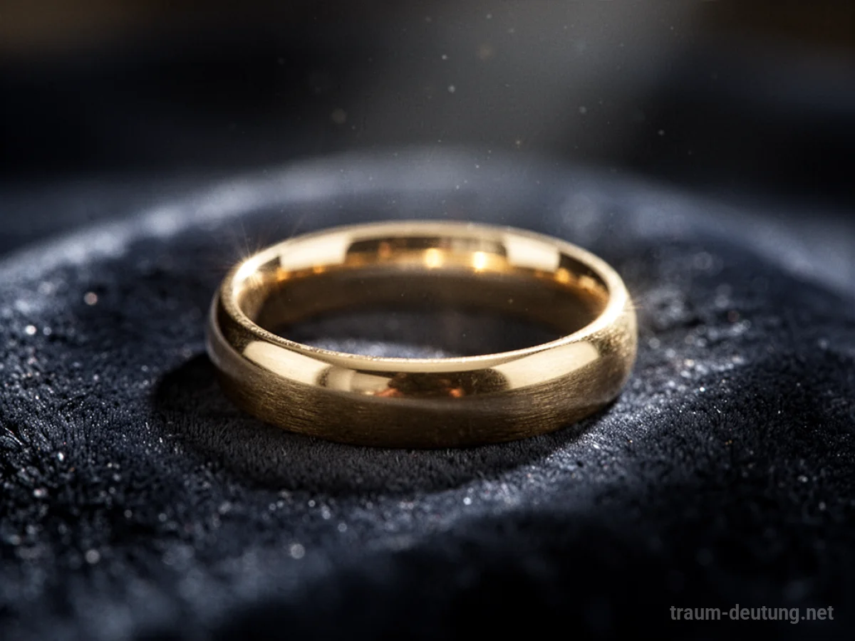 Traumsymbol Ehering: Ein polierter Goldring liegt auf dunklem Samt, beleuchtet von sanftem Seitenlicht, das Tiefe und Kontemplation symbolisiert.
