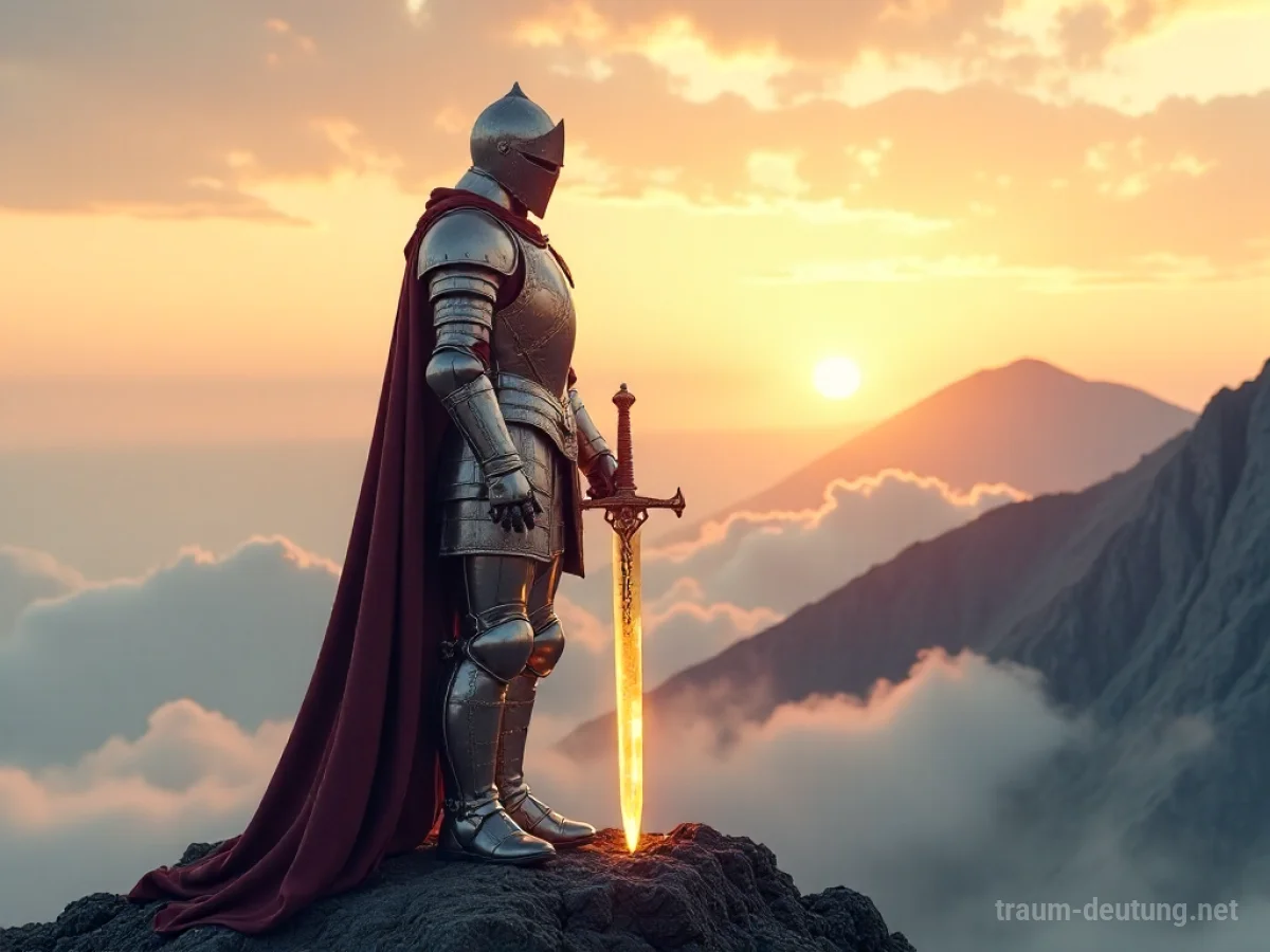 Traumsymbol Ehre: Ein Ritter in polierter Rüstung steht auf einem nebligen Berg bei Sonnenaufgang, umgeben von einer goldenen Aura.