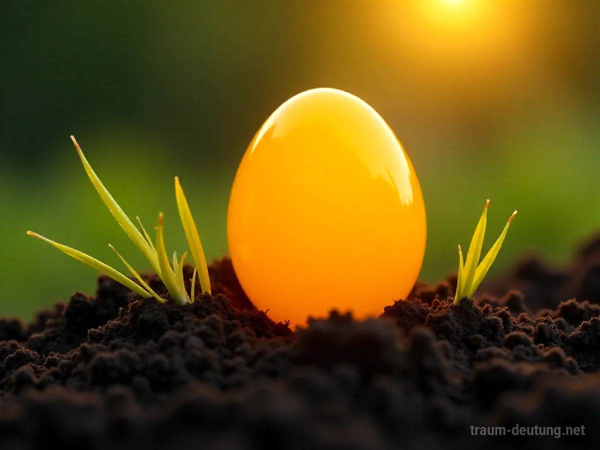 Traumsymbol Eidotter: Ein leuchtend goldener Eidotter ruht auf dunkler Erde, umgeben von zarten Grashalmen im sanften Morgenlicht.