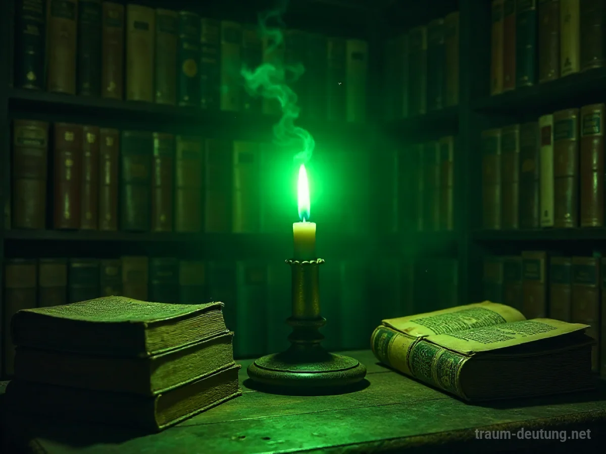 Traumsymbol Eifer: Eine leuchtend grüne Flamme brennt intensiv in einer dunklen, antiken Bibliothek voller alter Bücher.