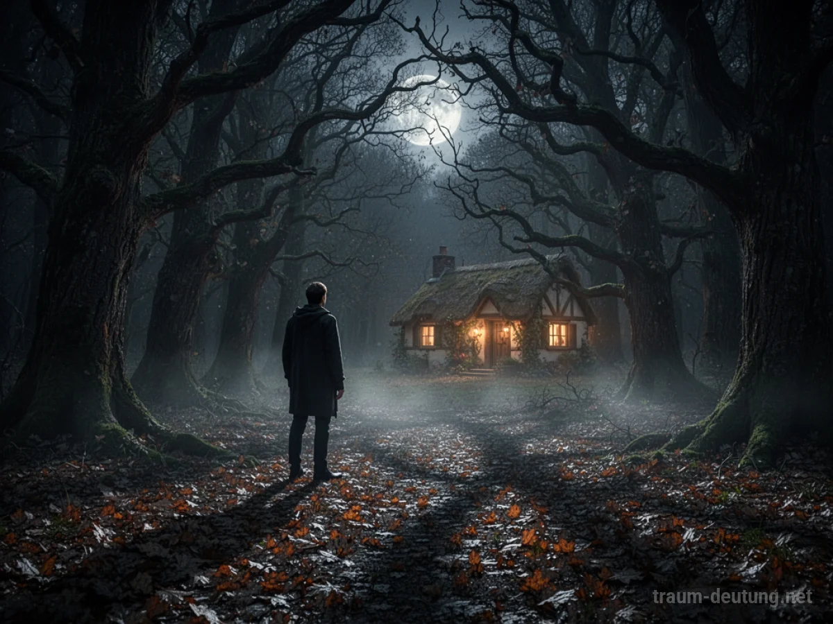 Traumsymbol Eifersucht: Eine einsame, schattenhafte Gestalt blickt durch dunkle Äste auf ein fernes, warmes Licht in einer unheimlichen Waldkulisse im Mondlicht.