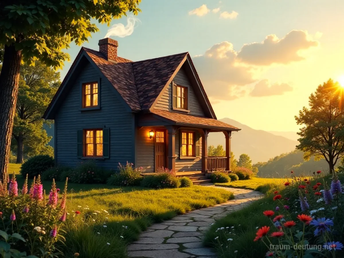 Traumsymbol Eigenheim: Ein einladendes, leicht rustikales Haus im warmen Licht der Abendsonne mit einem gepflegten Garten und rauchendem Schornstein.