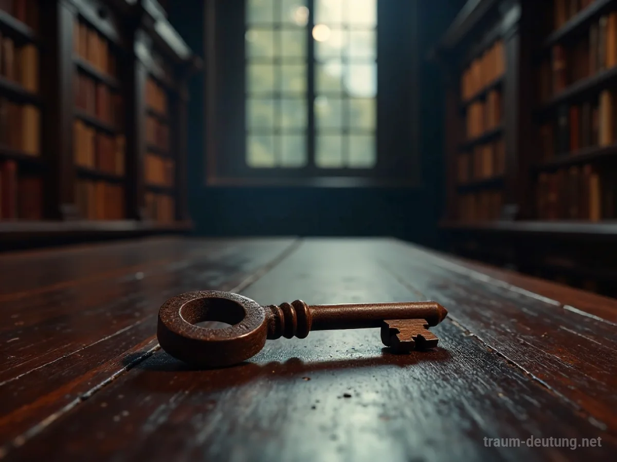 Traumsymbol Eigentum: Ein alter Holzschlüssel liegt auf einem dunklen Schreibtisch im Mondlicht, umgeben von einer unscharfen Bibliothek.