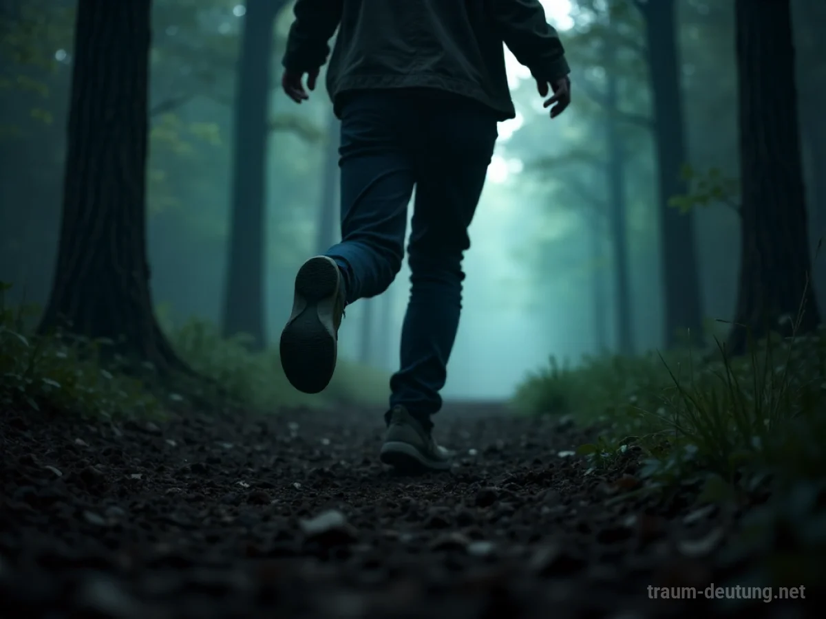 Traumsymbol Eile: Beine rennen hektisch über einen verschwommenen Pfad in einem dunklen, surrealen Wald mit verzerrten Bäumen und flüchtigen Lichtstreifen.