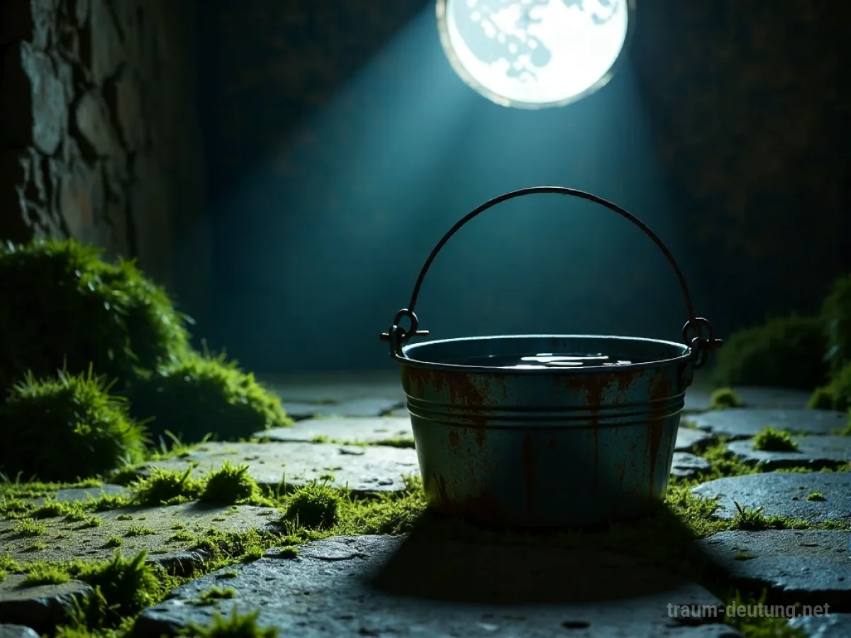 Traumsymbol Eimer: Ein alter, rostiger Metalleimer steht halb gefüllt mit klarem Wasser auf feuchtem Moosstein in einem dunklen Brunnen, beleuchtet von Mondlicht.