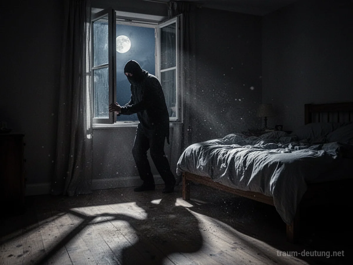 Traumdeutung Einbrecher: Eine dunkle Gestalt steigt bei Mondlicht durch ein offenes Fenster in ein schlafendes Zimmer ein.