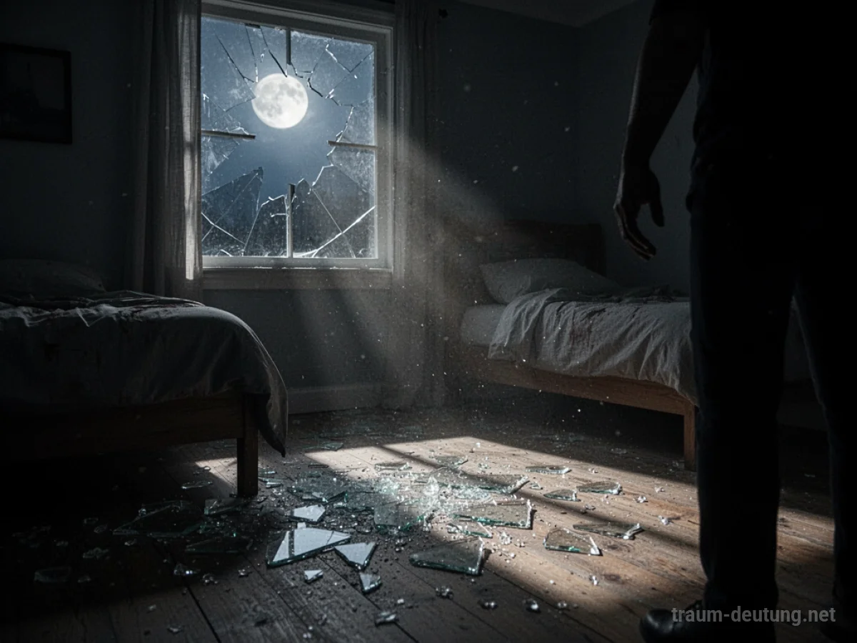 Traumsymbol Einbruch: Ein Schlafzimmer mit zerbrochenem Fenster bei Mondlicht, das eine bedrohliche Atmosphäre erzeugt.