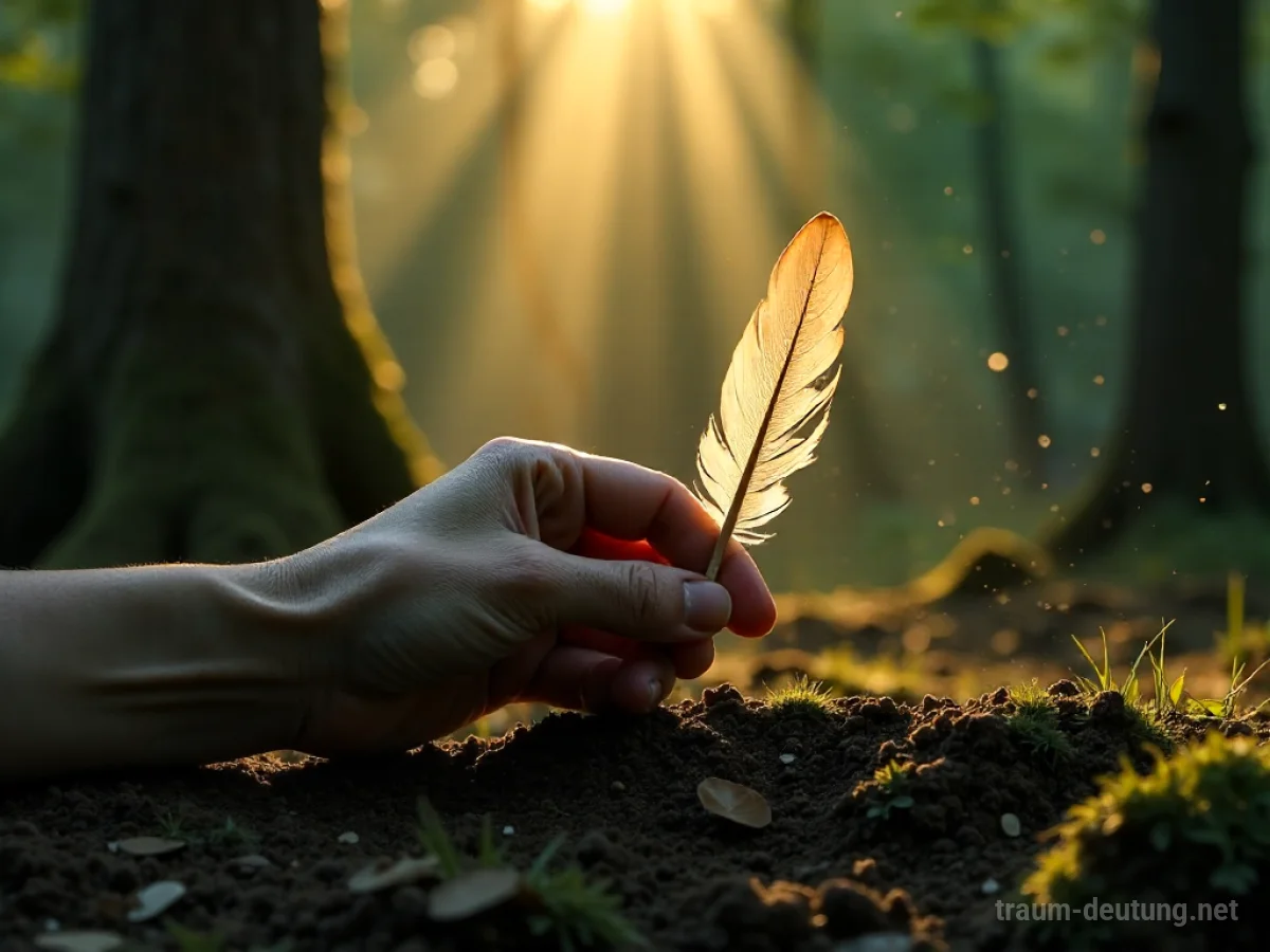 Traumsymbol Eindruck: Eine Hand hinterlässt eine Feder-Abdruck in erdiger Dunkelheit, beleuchtet von sanftem Sonnenlicht im Wald.