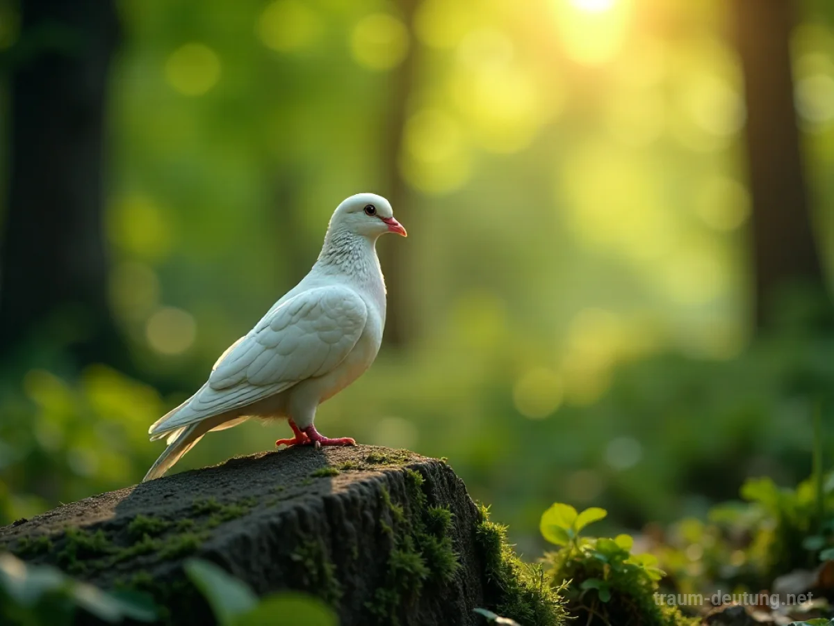 Traumsymbol Einfalt: Eine weiße Taube sitzt auf einem moosbewachsenen Stein in einem sonnenbeschienenen Wald, was Reinheit und Unschuld symbolisiert.