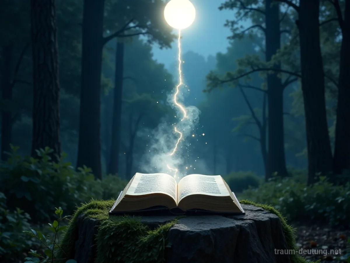 Traumsymbol Eingebung: Ein strahlender Lichtstrahl fällt aus dem Sternenhimmel auf ein altes, offenes Buch auf einem Steinpodest in einem mondbeschienenen Wald.