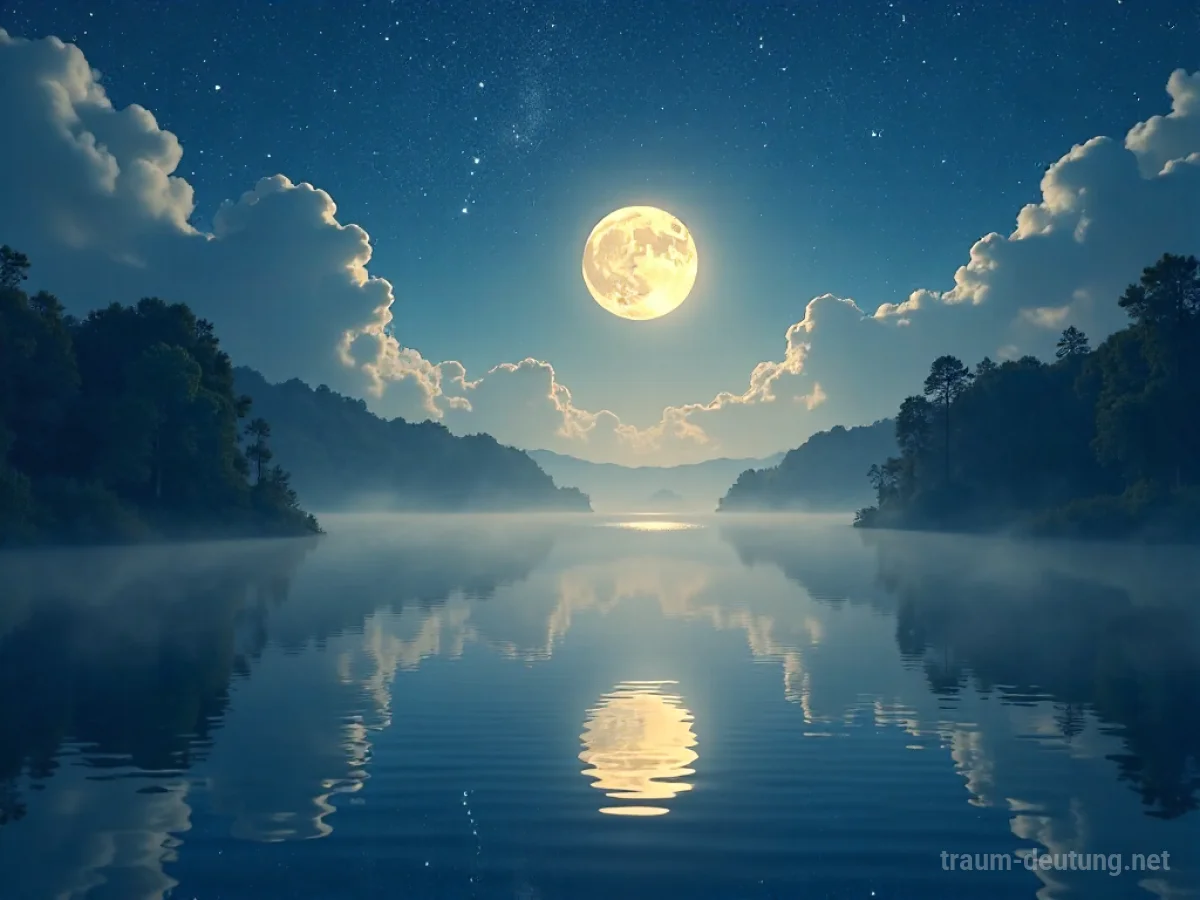 Traumsymbol Einheit: Eine ätherische Landschaft, in der Mond, Sterne und ein ruhiger See ineinander übergehen, umgeben von sanftem Nebel und kosmischer Harmonie.