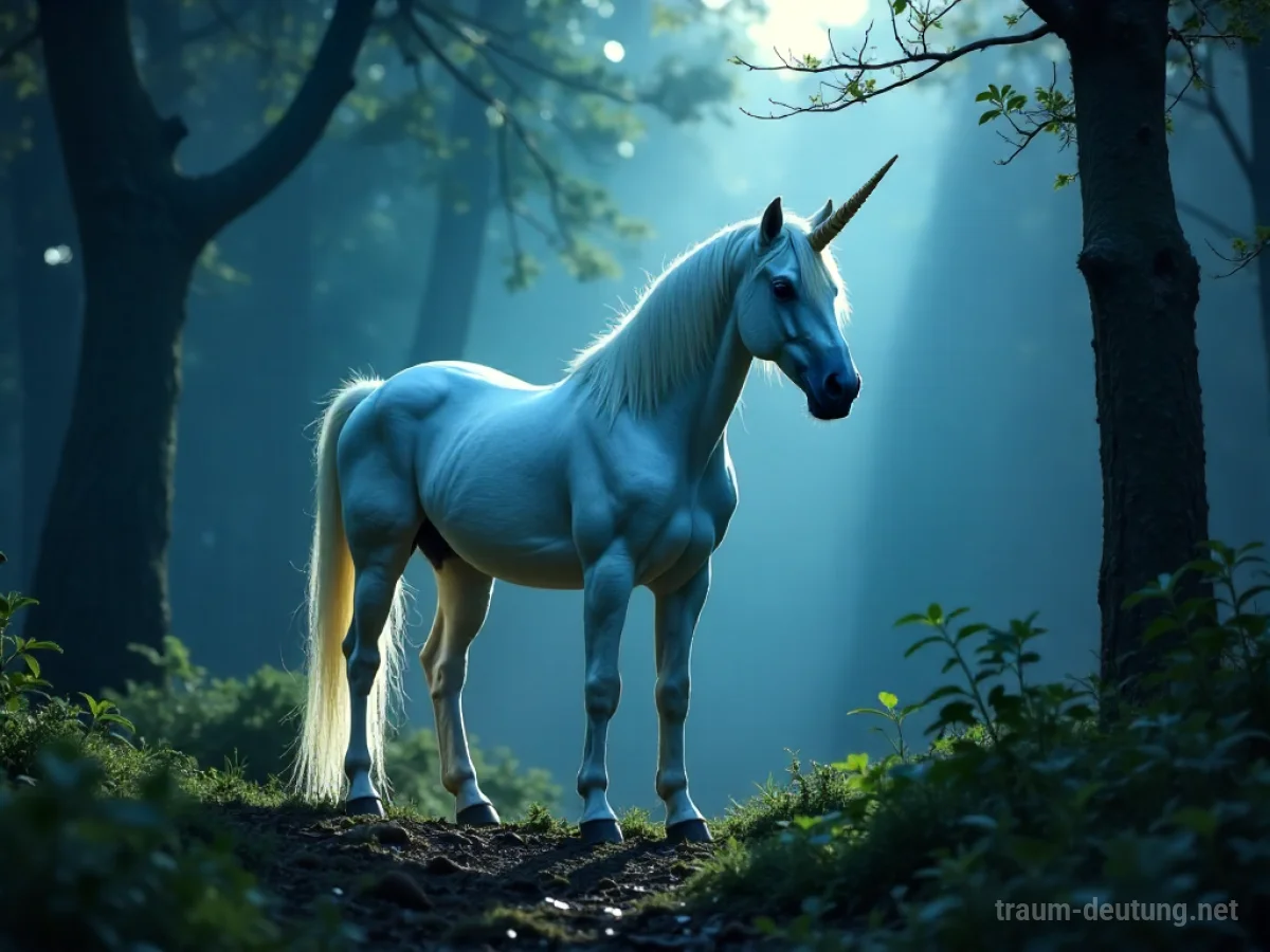 Traumsymbol Einhorn: Ein majestätisches weißes Einhorn steht in einer mondbeschienenen Waldlichtung, sein Horn strahlt sanftes Licht aus.