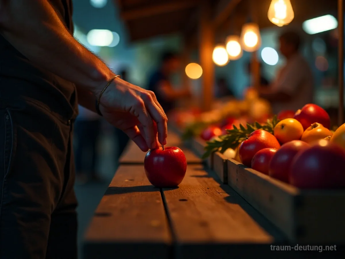 Traumdeutung Einkauf: Hände greifen nach einem leuchtenden roten Apfel auf einem antiken Marktstand im sanften Licht.