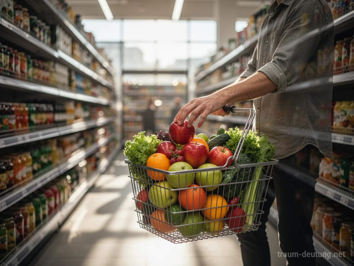 Traumsymbol Einkaufen: Eine Person greift in einem hell erleuchteten Supermarkt nach einem roten Apfel, umgeben von Obst und Gemüse.