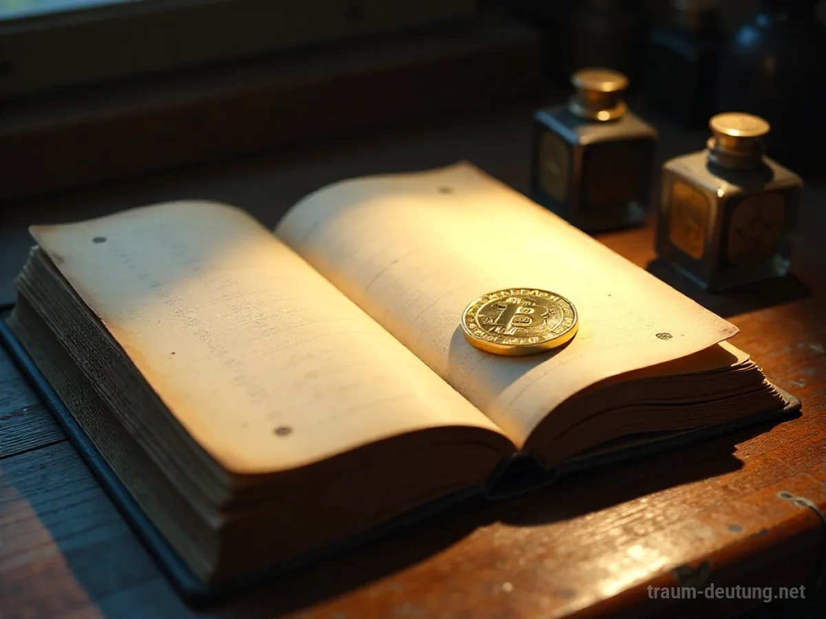 Traumsymbol Einkommen: Eine einzelne, glänzende Goldmünze liegt auf einem alten Kassenbuch, beleuchtet von einem Spotlicht.