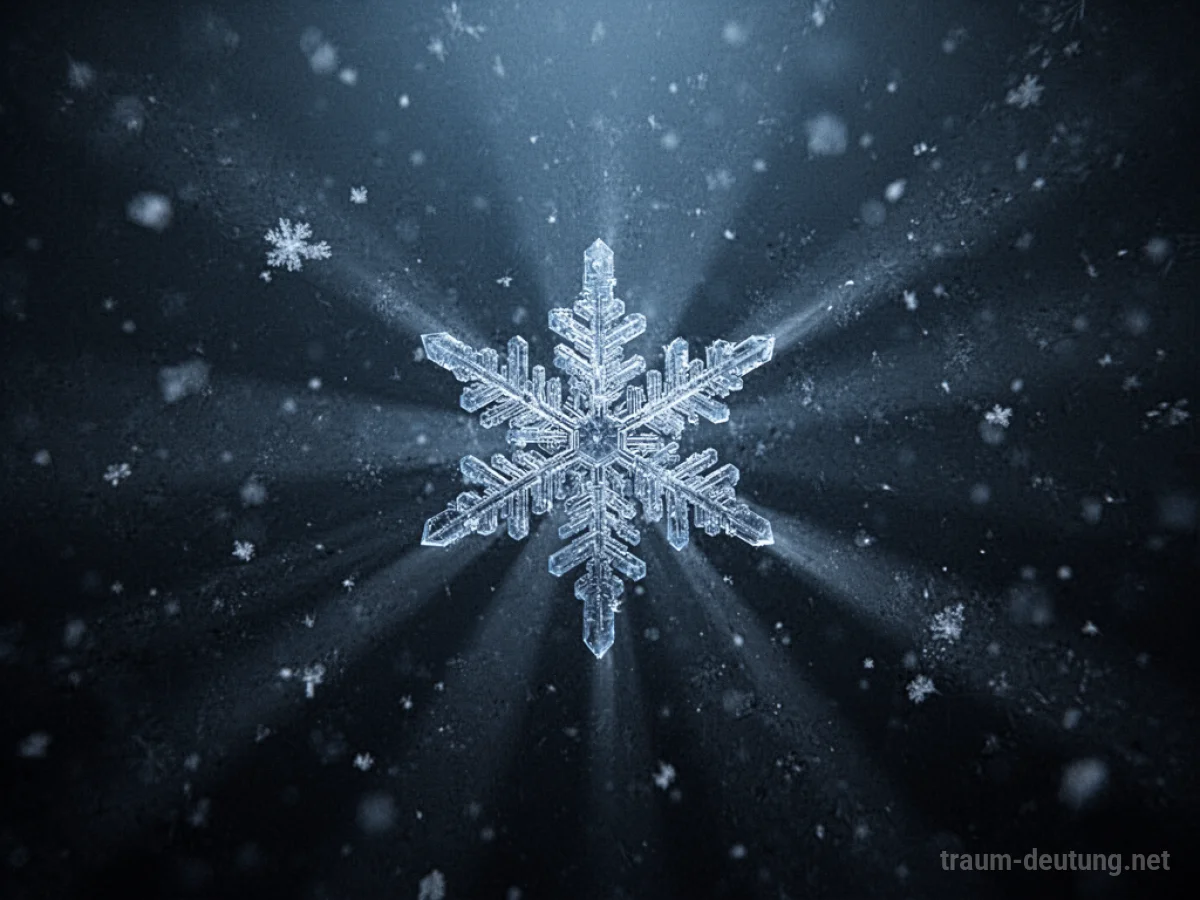 Traumsymbol Eis: Ein einzelner, filigraner Eiskristall schwebt in einem dunklen, leeren Raum, beleuchtet von kühlem, blauem Licht.