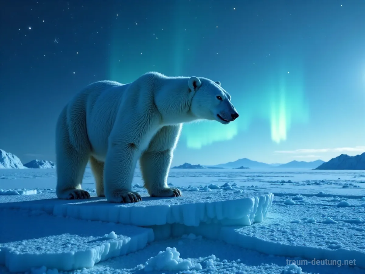 Traumsymbol Eisbär: Ein majestätischer Eisbär steht auf einer Eisscholle unter einem sternenklaren Nachthimmel, beleuchtet von Mondlicht.