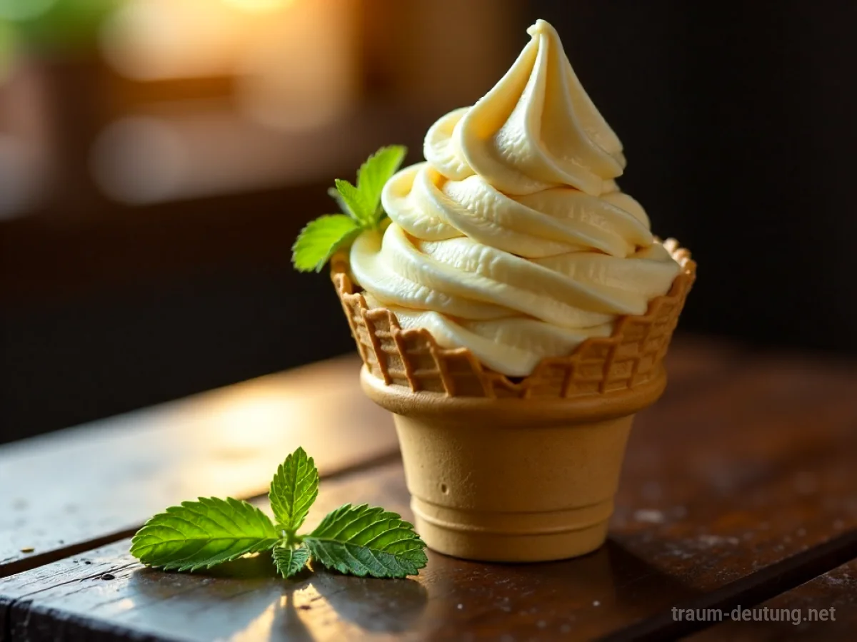 Traumsymbol Eiscreme: Eine schmelzende Kugel Vanilleeis in einer goldenen Waffel auf einem dunklen Holztisch mit warmem Seitenlicht und einem Minzblatt.