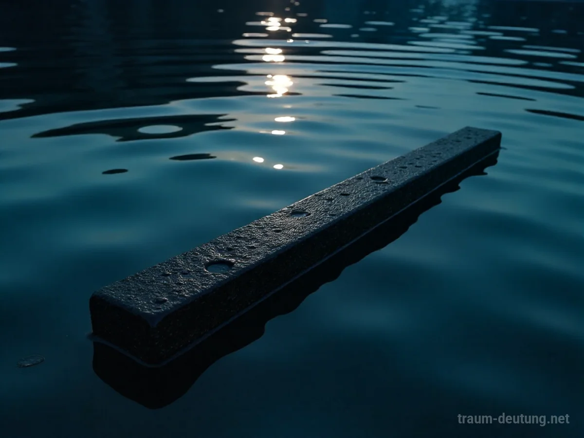 Traumsymbol Eisen: Eine verwitterte Eisenstange liegt halb versunken in dunklem, plätscherndem Wasser, beleuchtet von Mondlicht.