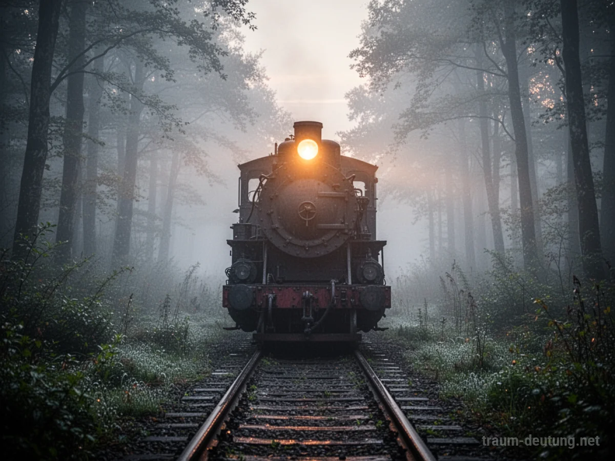 Traumsymbol Eisenbahn: Eine einsame Dampflok steht auf einer nebligen Waldlichtung im Morgengrauen.