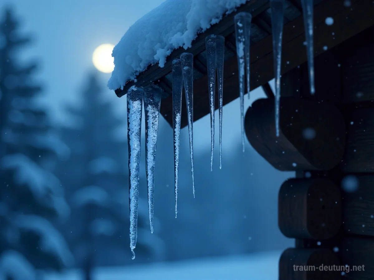 Traumsymbol Eiszapfen: Scharfe, glitzernde Eiszapfen hängen von einem dunklen, schneebedeckten Dachvorsprung im Mondlicht.