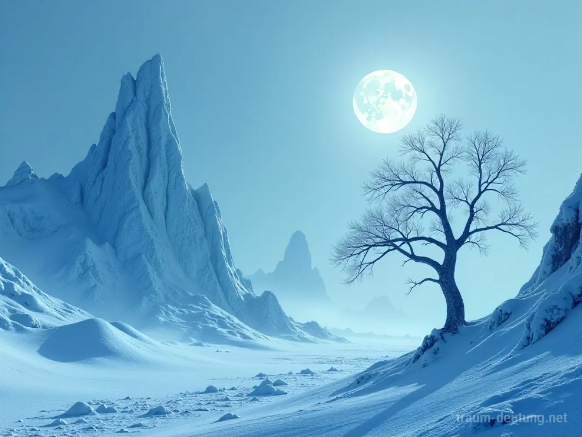 Traumsymbol Eiszeit: Eine weite, eisige Landschaft unter Mondlicht mit zerklüfteten Eisformationen und einem gefrorenen Baum.
