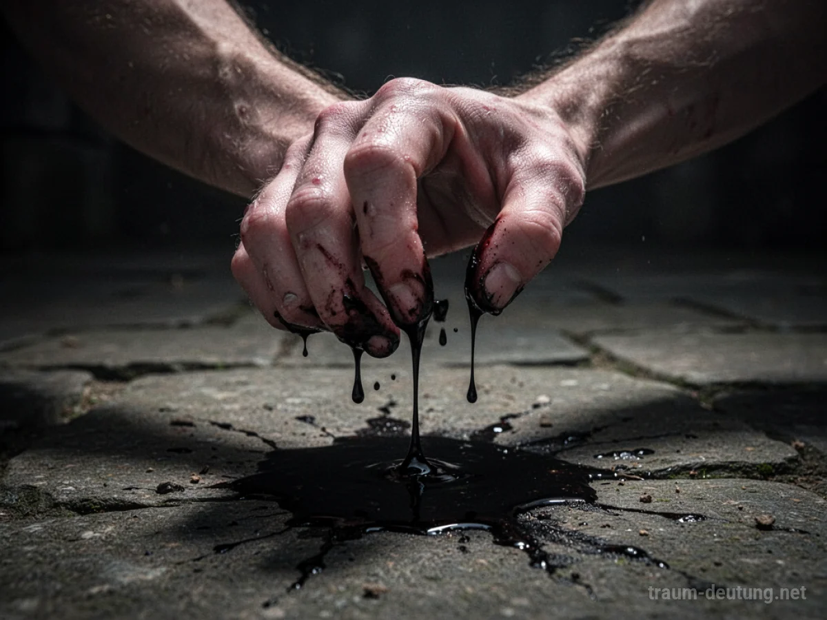 Traumsymbol Ekel: Eine blasse, feuchte Hand weicht von einer dunklen, zähflüssigen Substanz zurück, die auf rauem Stein langsam abtropft, unter dramatischem, düsterem Licht.