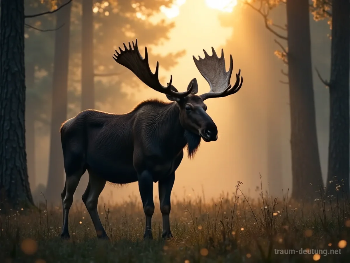 Traumsymbol Elch: Ein majestätischer Elch mit riesigem Geweih steht in einem nebligen Waldlicht bei Sonnenaufgang.