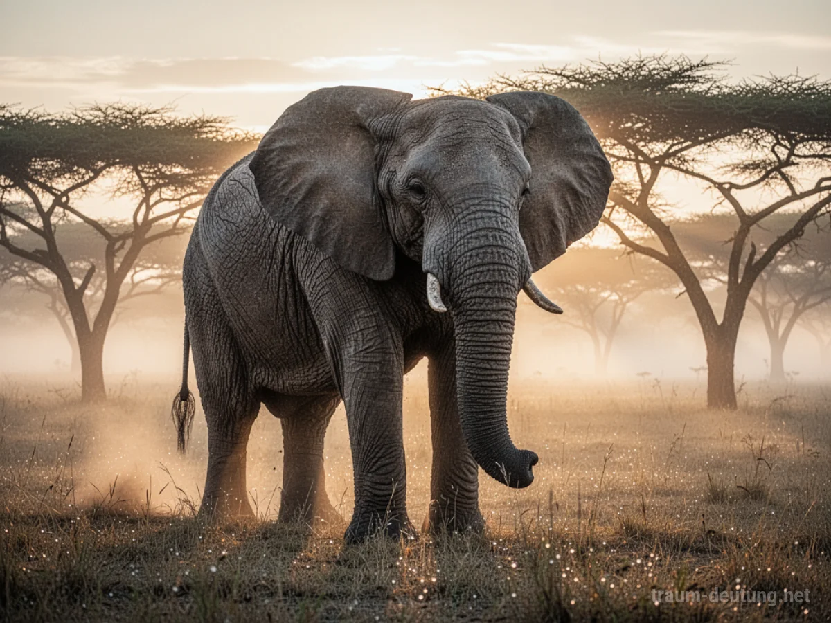 Traumsymbol Elefant: Ein alter, weiser Elefant steht in der Morgendämmerung auf einer nebelverhangenen Savanne, beleuchtet von sanftem Sonnenlicht.