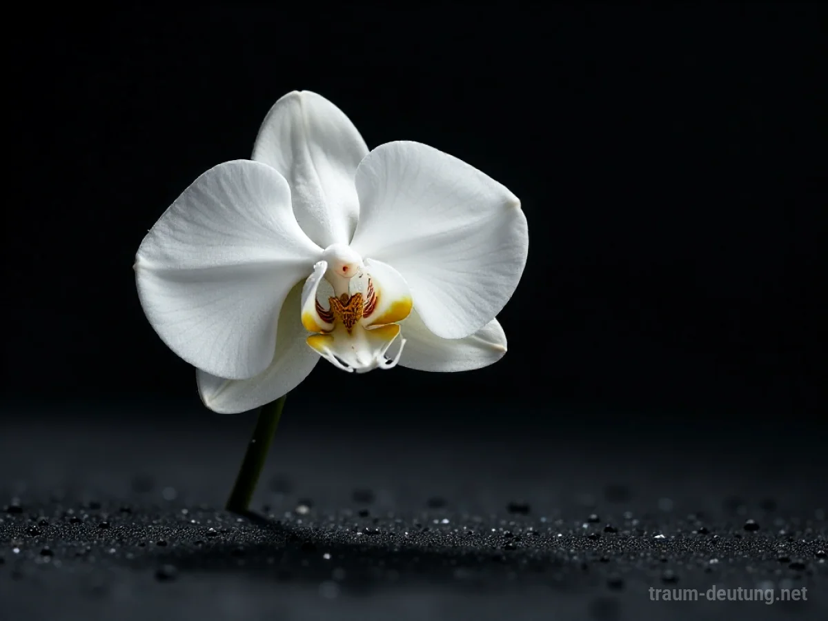 Traumsymbol Eleganz: Eine makellose weiße Orchidee auf schwarzem Obsidian unter sanftem Licht.