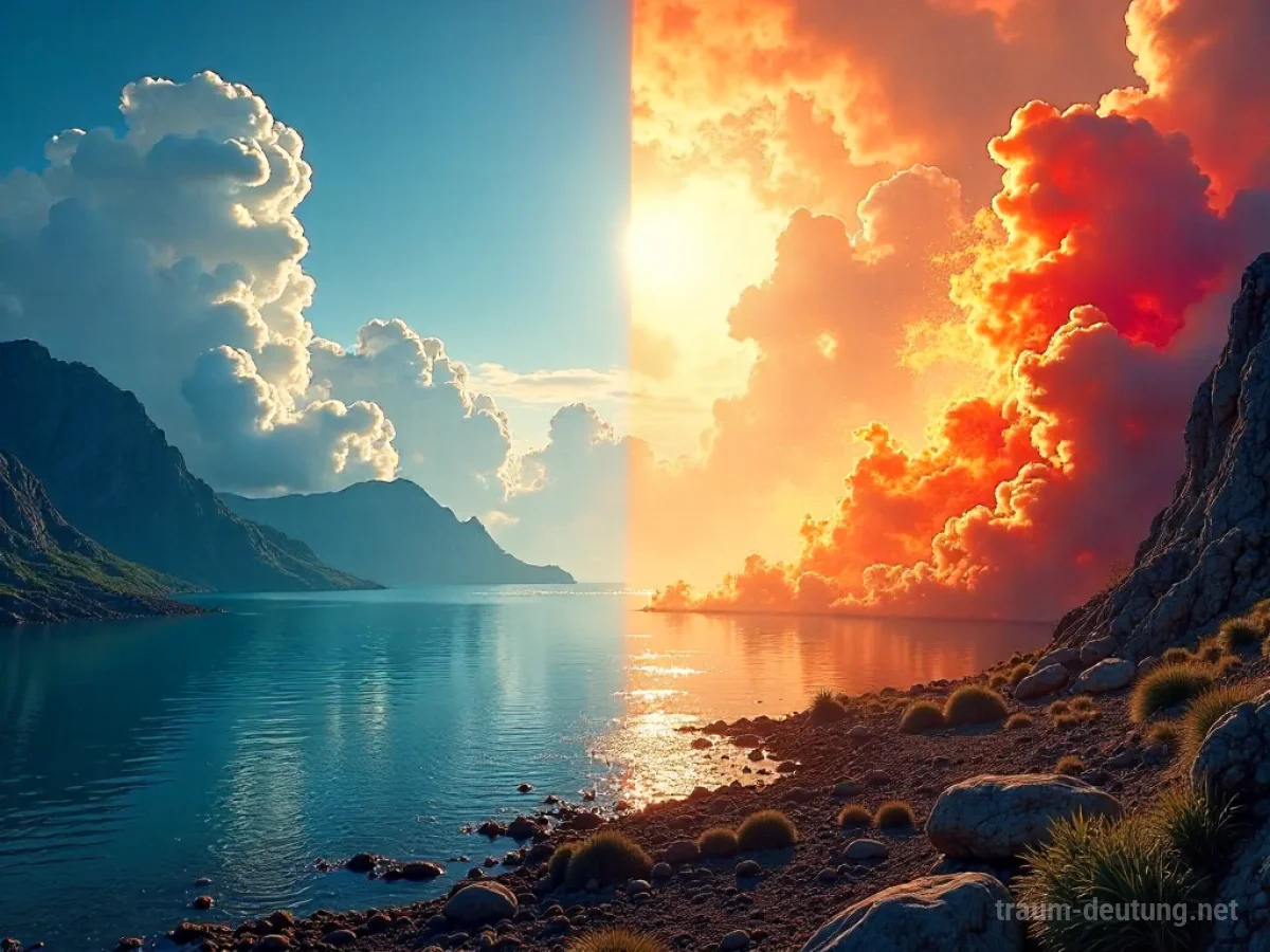 Traumsymbol Elemente: Eine surreale Landschaft, in der Wasser, Feuer, Luft und Erde harmonisch verschmelzen, beleuchtet von einem sanften, mystischen Licht.