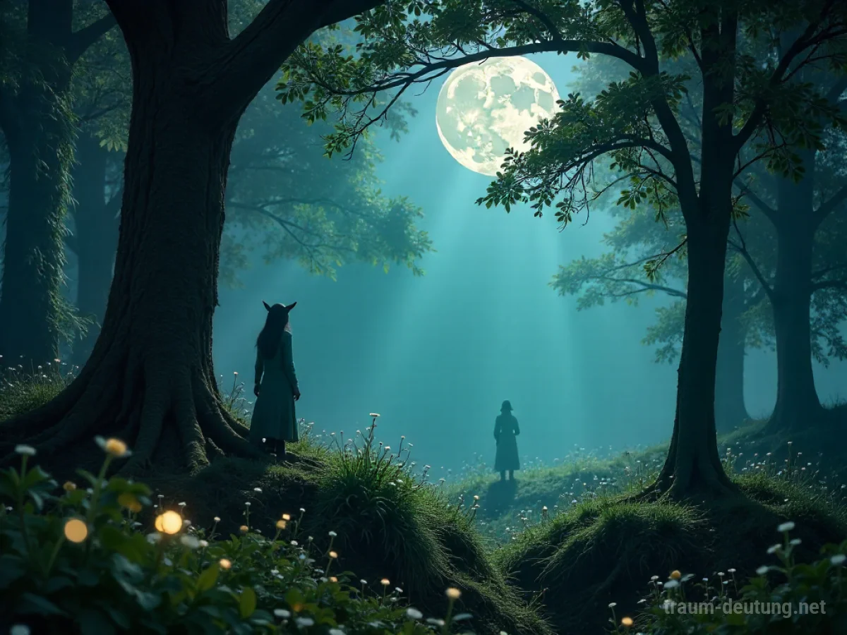 Traumsymbol Elfen: Mystische, leuchtende Gestalten mit spitzen Ohren tauchen in einem mondbeschienenen Wald auf, umgeben von leuchtender Flora.