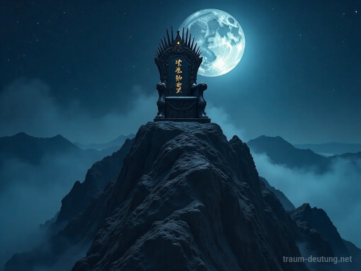 Traumdeutung Elite: Ein einsamer, imposanter Obsidian-Thron thront auf einem mondbeschienenen Berggipfel mit leuchtenden goldenen Runen und nebliger Atmosphäre.