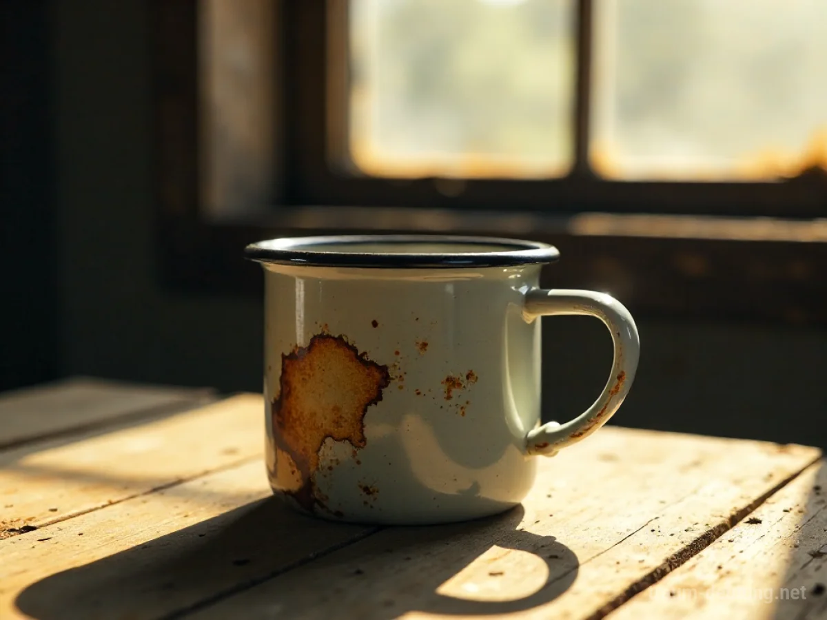 Traumdeutung Emaille: Eine zerschlissene Emaille-Tasse steht auf einem alten Holztisch, beleuchtet von Sonnenlicht.