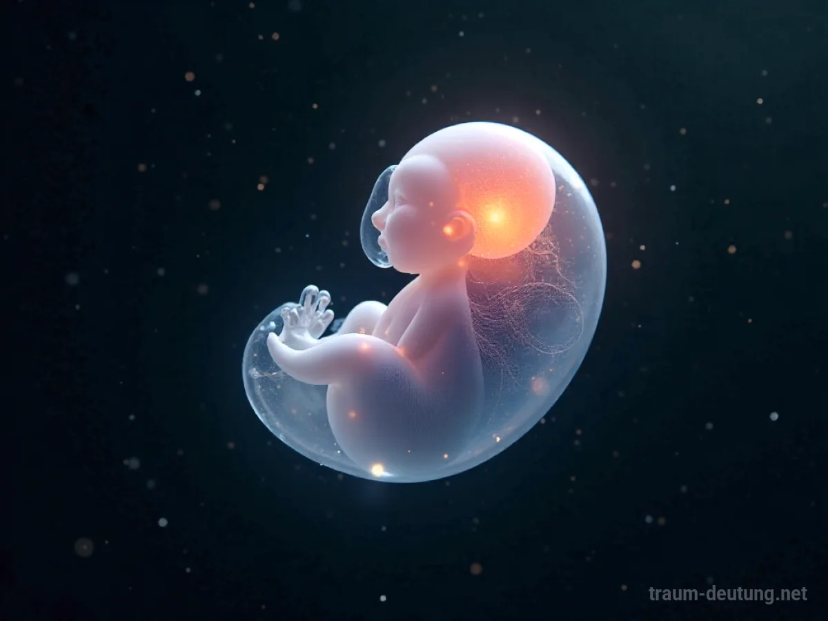 Traumsymbol Embryo: Ein leuchtender, transparenter Embryo schwebt in einer unendlichen, dunklen Leere, beleuchtet von seinem eigenen inneren Licht.