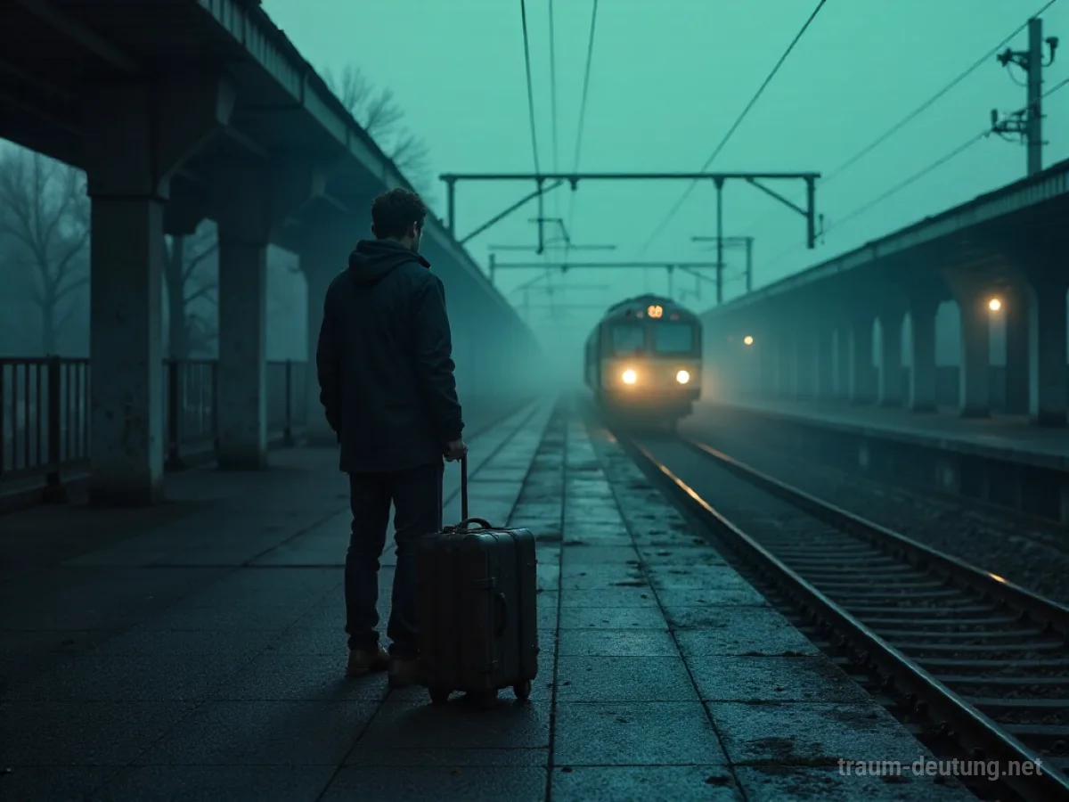 Traumsymbol Emigrant: Eine einsame Figur steht mit einem Koffer auf einem nebligen Bahnsteig und blickt auf einen abfahrenden Zug bei Dämmerung.