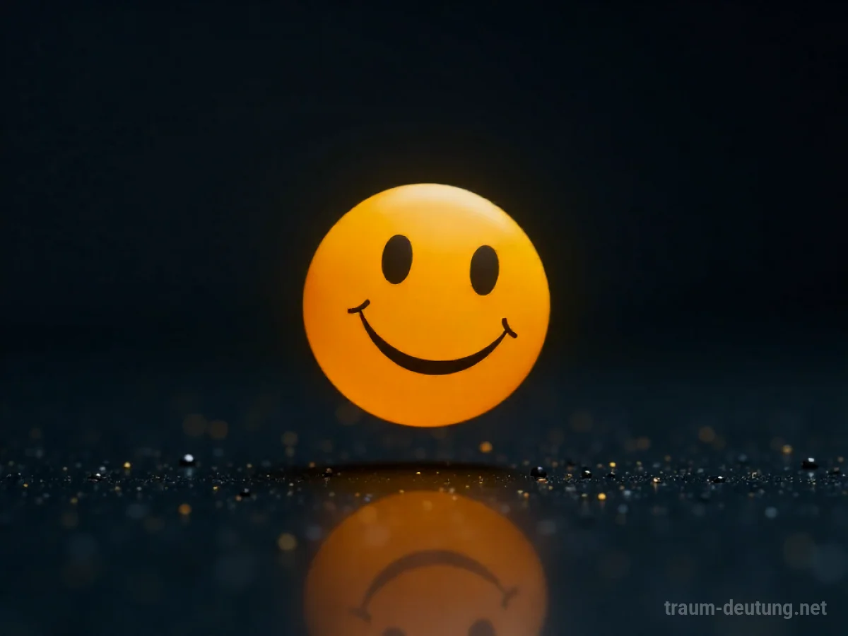 Traumdeutung Emoji: Ein leuchtendes gelbes Emoji schwebt in einer dunklen, abstrakten Leere, umgeben von subtilem Licht und digitalen Partikeln.