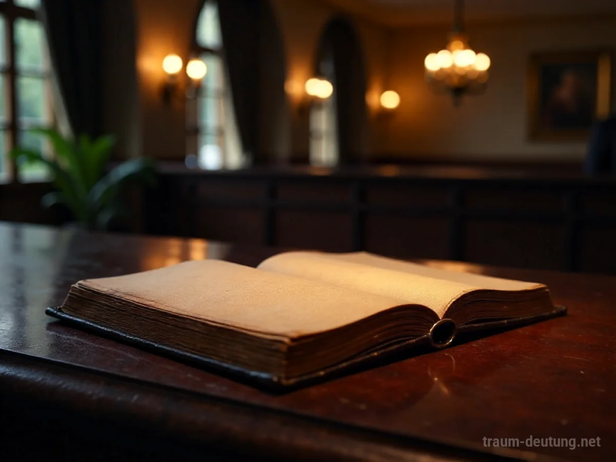 Traumsymbol Empfang: Ein antiker Empfangstresen in einer schummrigen Hotellobby, beleuchtet von einem einzelnen Scheinwerfer, auf dem ein offenes Gästebuch liegt.